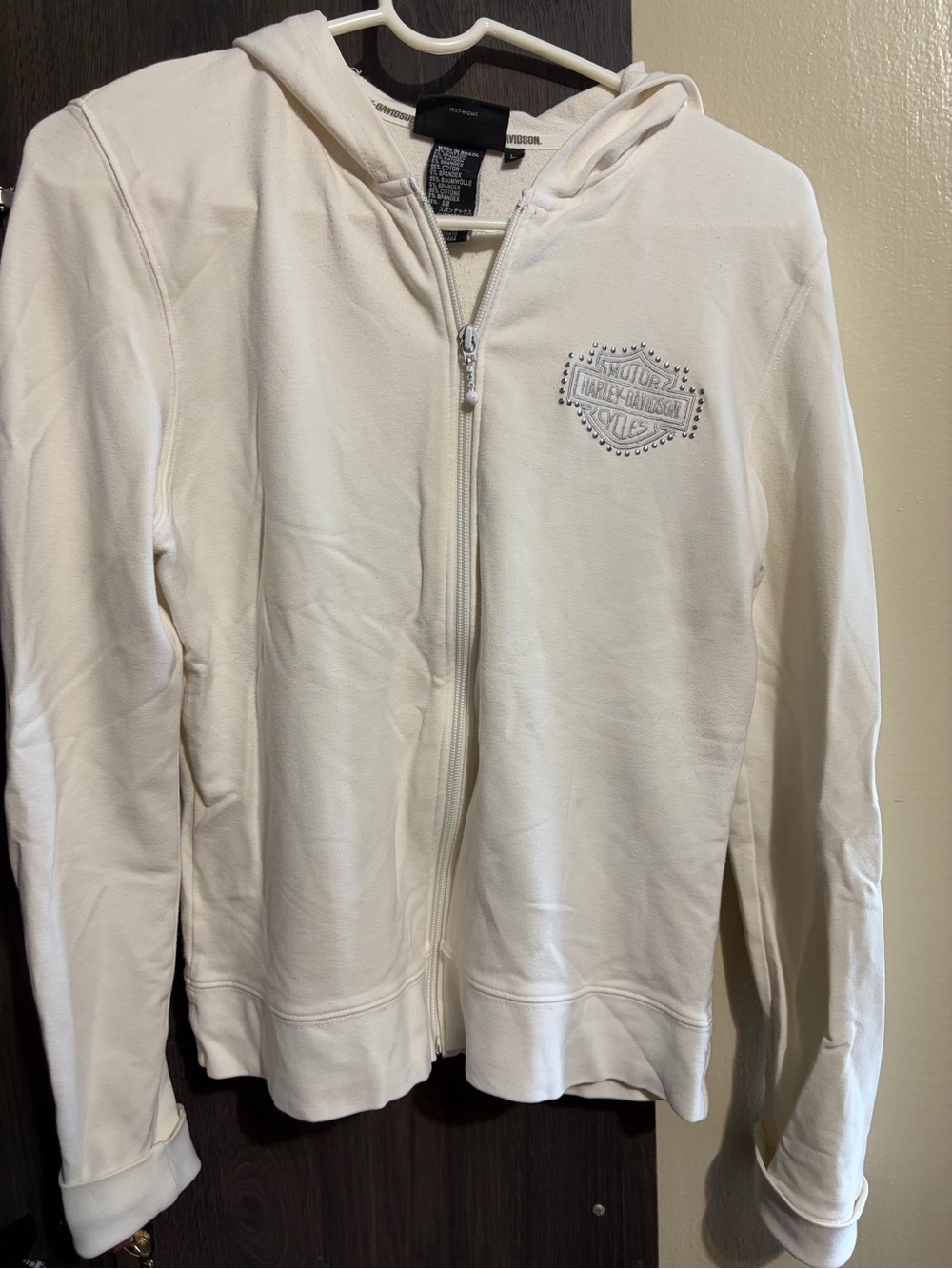 Y2K Harley-Davidson Cream Zip Hoodie with Studded Logo